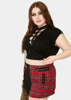 Lost Queen Plus Black Lace Up Top Tops
