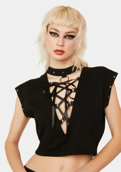 Lost Queen Tops Black Lace Up Top